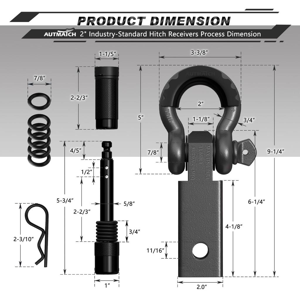 AUTMATCH Schäkel Anhängerkupplungsaufnahme mit und Schäkeln und Anhängerkupplungsschloss Fahrzeugbergungsempfänger-Kit mit einem kg Bruch Gunmetal Grau 2" 7" D-Ring 6"