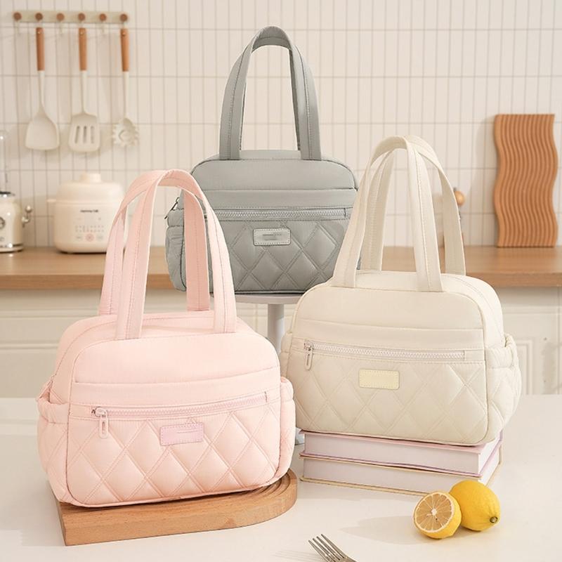 Large Capacity Thermal Lunch Bag With Zippers Front Pocket And Bottle Holders Quilted Handheld Meal Carriers