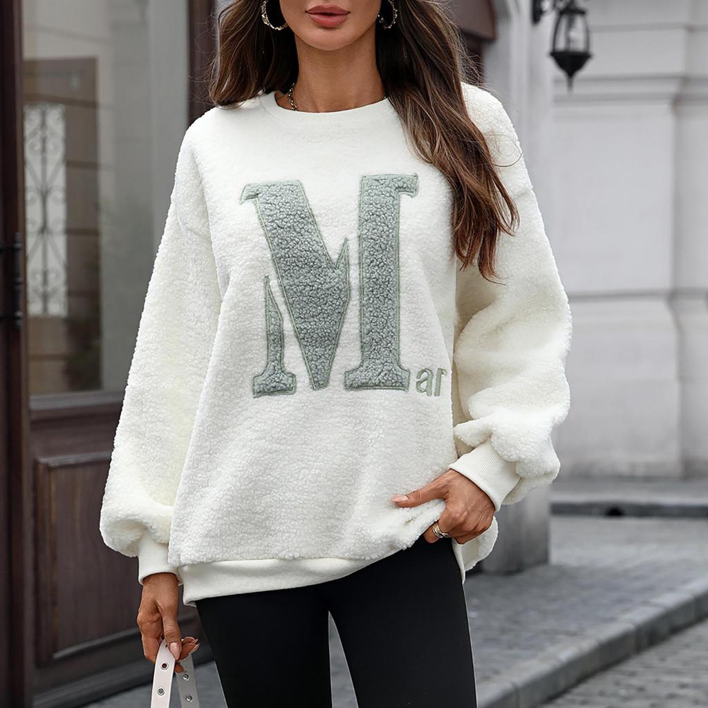 Women's Fashionable Round Neck Long Sleeved Loose Letter Embroidered Pullover Hoodie Top