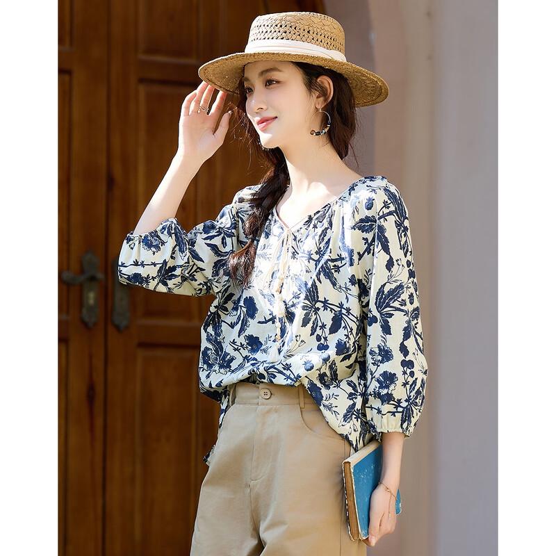 Demana Floral Print Tie-Neck 3/4 Sleeve Cotton Blouse