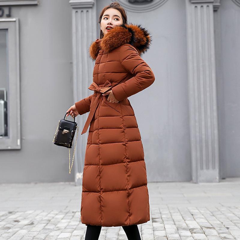 Dlouhé páře bavlněný kabát parkas Dámská zimní nad kolena volný velký kožešinový límec s kapucí teplá silná bunda s vycpávkou dámský kabátek