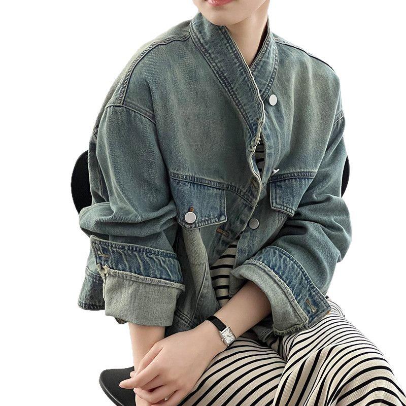 2025 Women's Retro Distressed Short Denim Jacket - Hong Kong Style, Loose Slimming Fit, Stand Collar, Spring/Autumn Trend