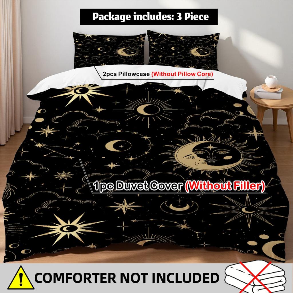 3pcs Celestial Sun Moon Star Print Duvet Cover Set – for Kids Gift 100%Polyester, Soft, Breathable for Bedroom Decoration