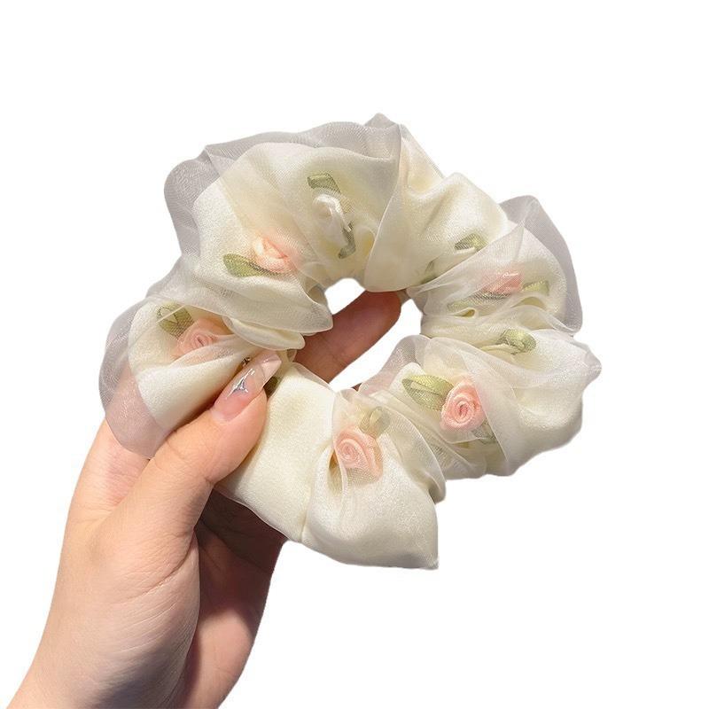 Rose Large Fat Intestine Hair Band Double-Layer Organza Head Flower Hair Band High Value Ponytail Hair Accessories