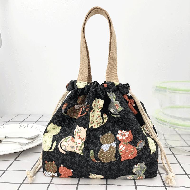 Japanese Cute Bento Bag Tote Handheld Canvas Lunch Bags Cartoon Anime Drawstring Bag Portable Foldable Holds Two Lunch Boxes