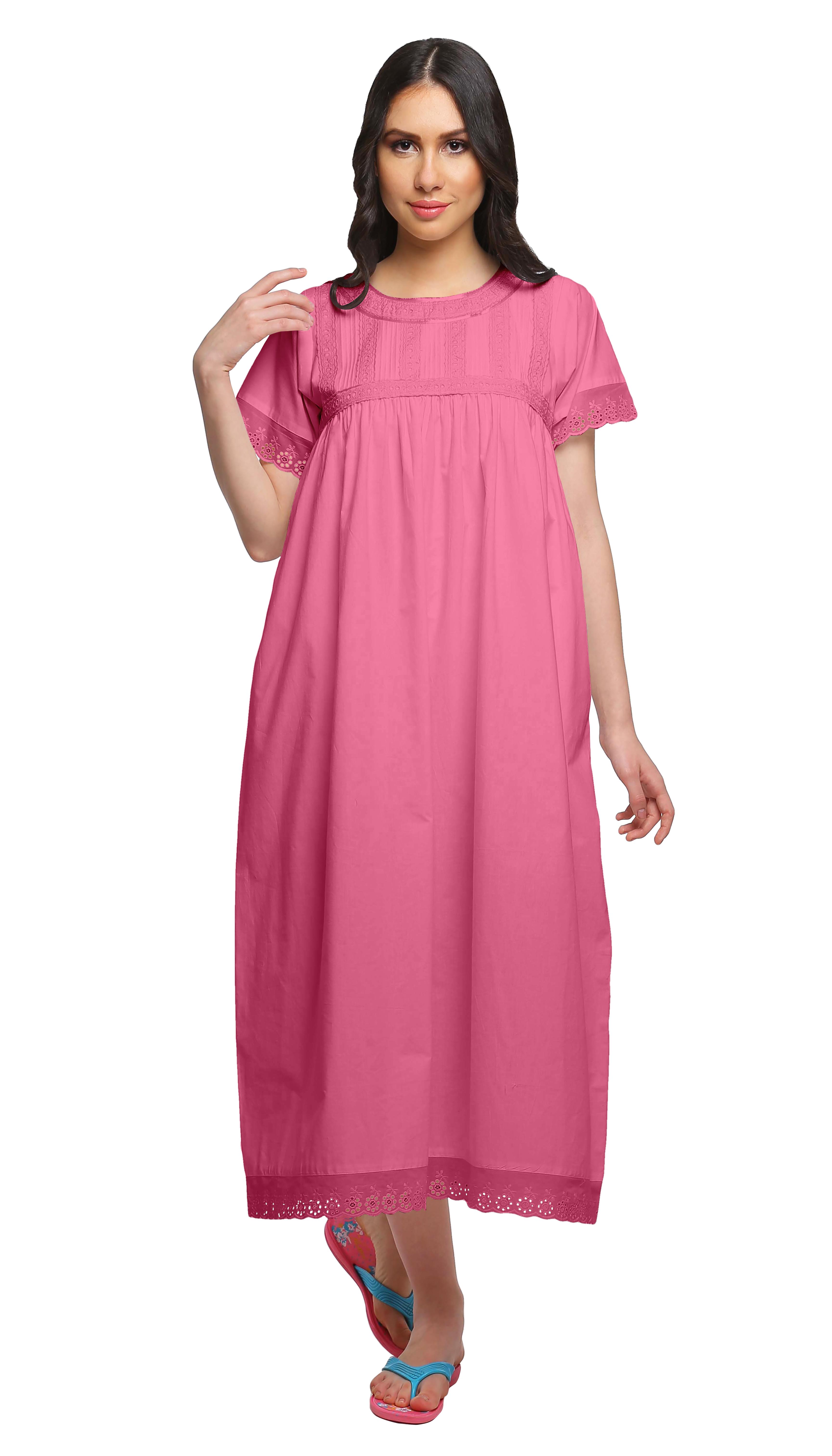 

Moomaya Solid Round Neck Nursing Sleepwear Womena s Cotton Nightdress Gown XS рожевий