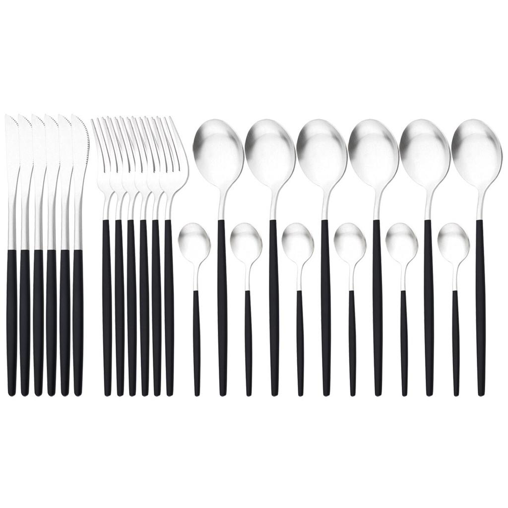 24pcs Black Cutlery Set Dinner Knives Fork Tea Spoon Dinnerware Matte Stainless Steel Tableware Flatware Kitchen Silverware Set