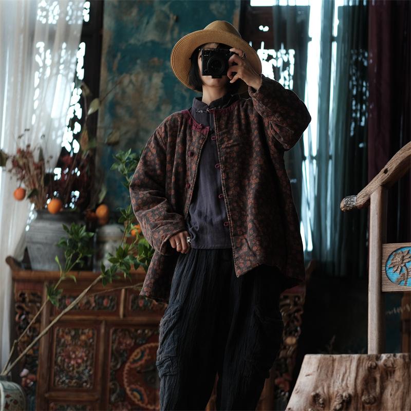 Johnature Γυναικεία παρκά με λουλούδια vintage στάμπα με μακρύ μανίκι με λαιμόκοψη και βαμβακερό μαλακό παλτό Πάρκα χειμερινού κινέζικου στυλ