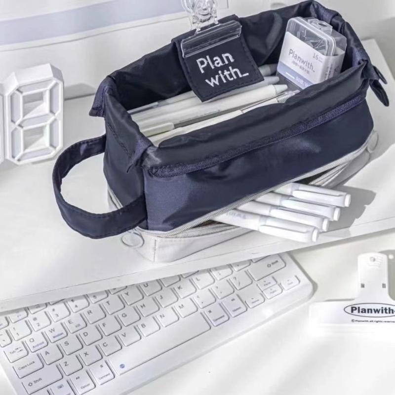 Foldable Dual-layer Pencil Pouch Large Capacity Japanese Minimalist Style for Kids Students School Art Supplies Storage
