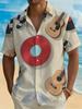 Men's Vintage Music Shirt with Guitar & Vinyl Record Print - Retro Lapel Collar Button-Up Short Sleeve Shirt, Breathable Polyester Half-Button Top