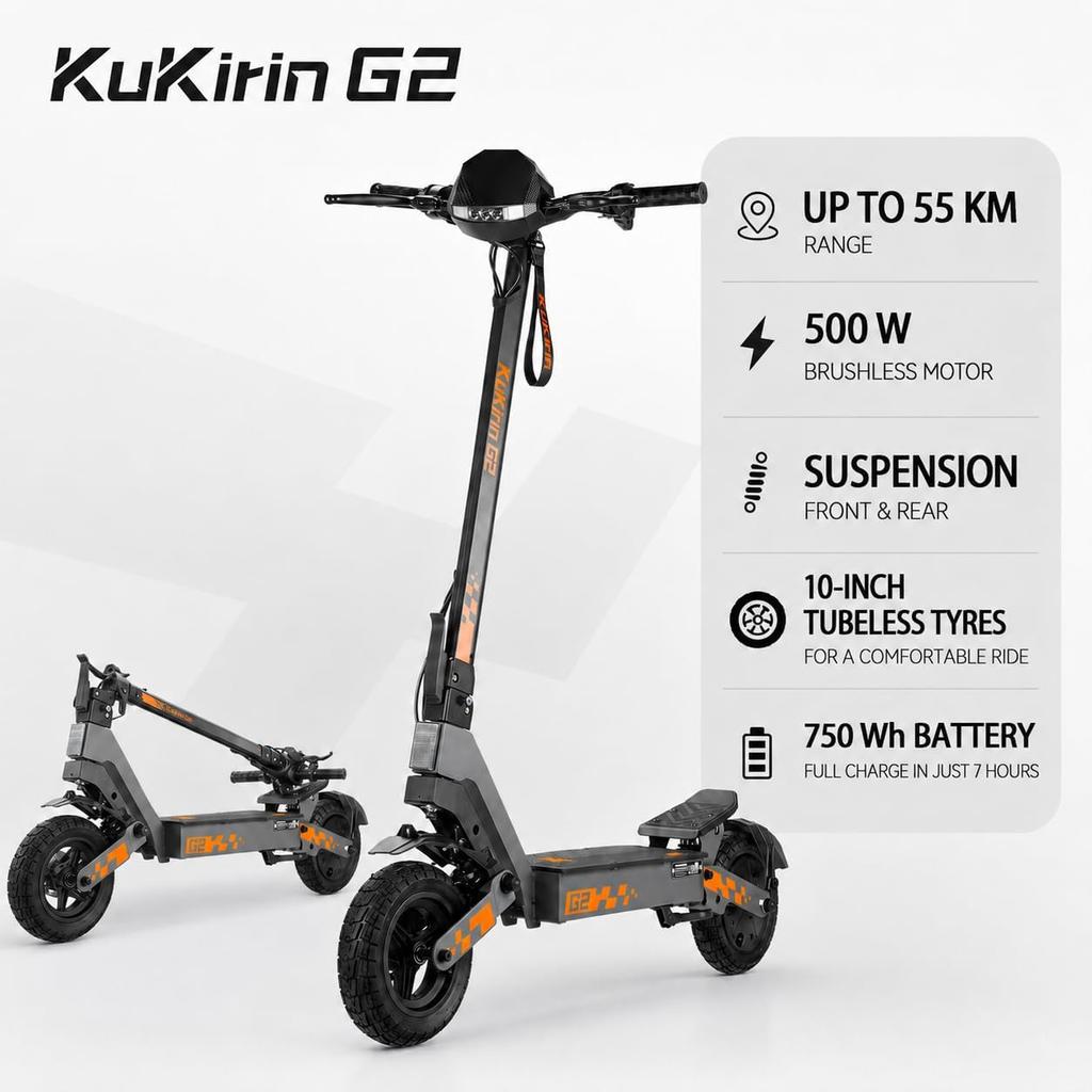KuKirin G2 Elektroroller, Elektroroller für Erwachsene mit Tempomat, 55-60 km Reichweite, 10-Zoll-Reifen, 3 Geschwindigkeitsmodi, Doppeltes Bremssystem Schneller EScooter