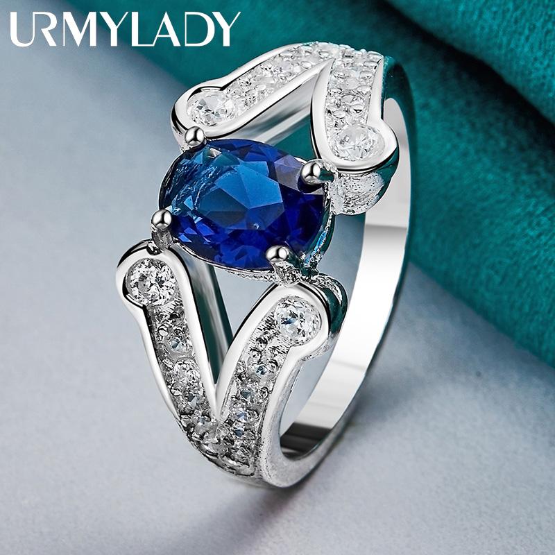 URMYLADY 925 Sterling Silver AAAAA Blue Zircon 7-10 Ring For Women Fashion Charm Jewelry