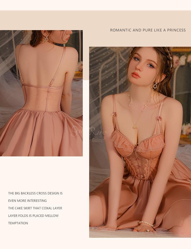 Guiruo Satin Lace Nightdress & Robe Set with Chest Pad