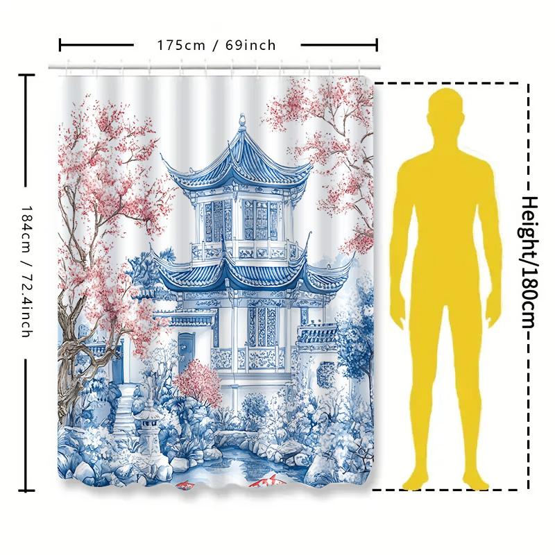 Elegant Blue And White Chinese Garden Shower Curtain With Cherry Blossoms - Artistic Home Decor For Bathroom Complimentary Hook