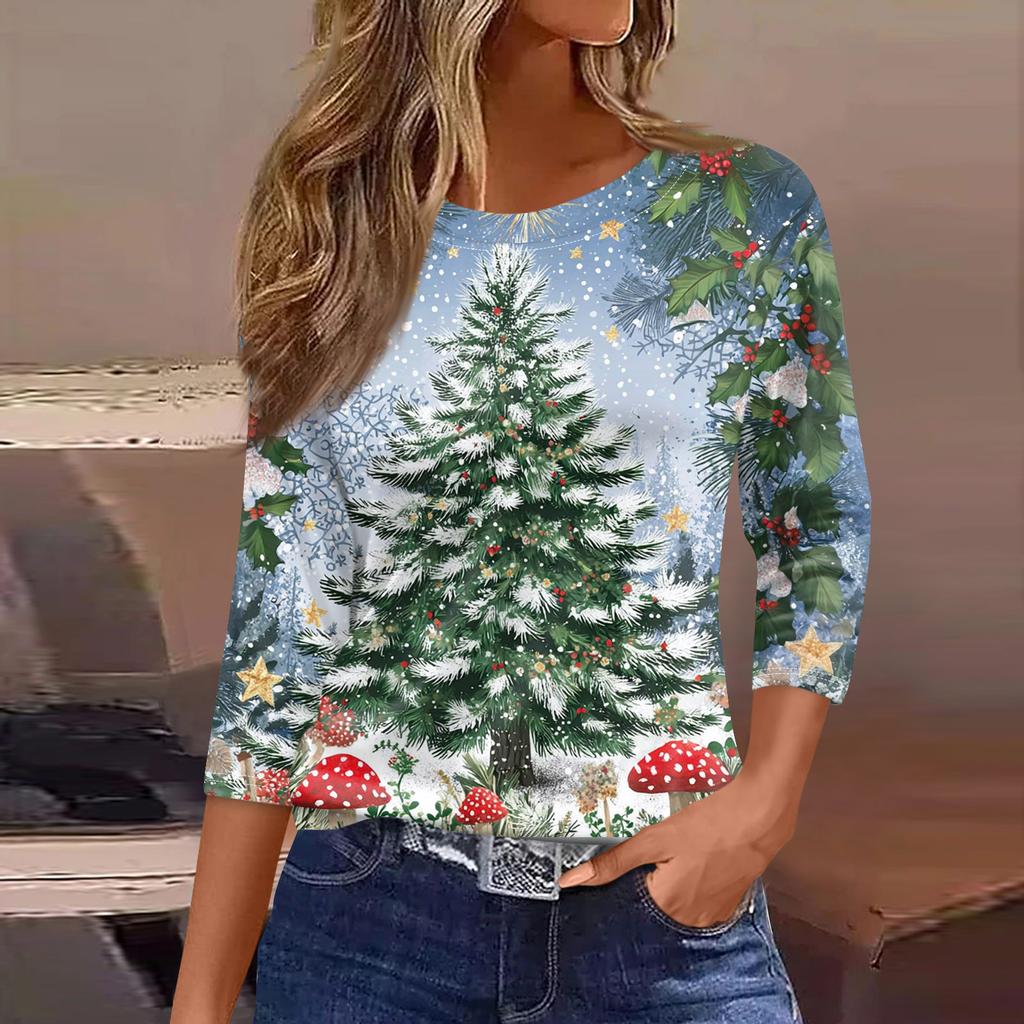 Women's Fashionable Casual Three Quarter Sleeve Christmas Printed Round Neck Top