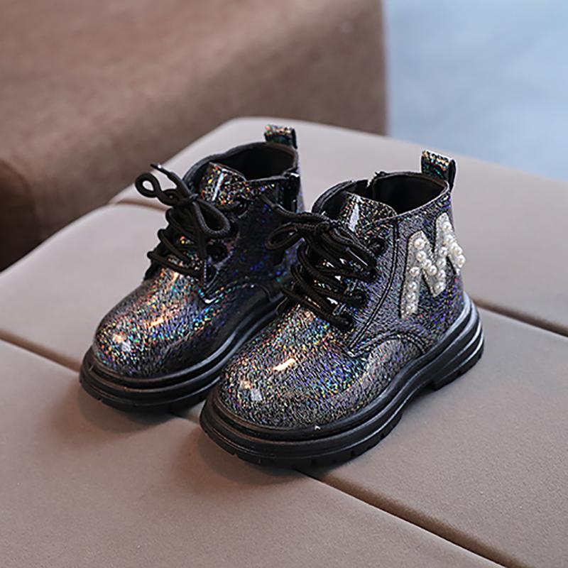 

Детские резиновые сапоги, классные, осенне-зимние, хлопковые, с мягкой подошвой, блестящие, кожаные, с жемчужным принтом, на молнии, для девочек 21 чёрный