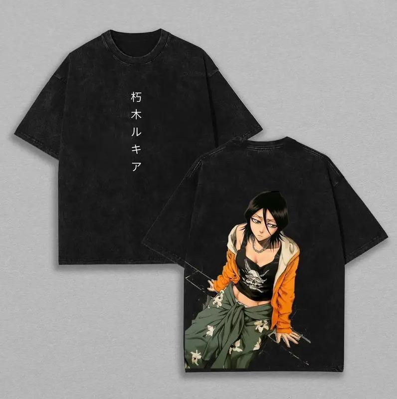 Japanese Kuchiki Rukia Cool Graphic T Shirt BLEACH Anime Washed T-shirt Men Women Clothing Oversized Cotton Short Sleeve Tees S