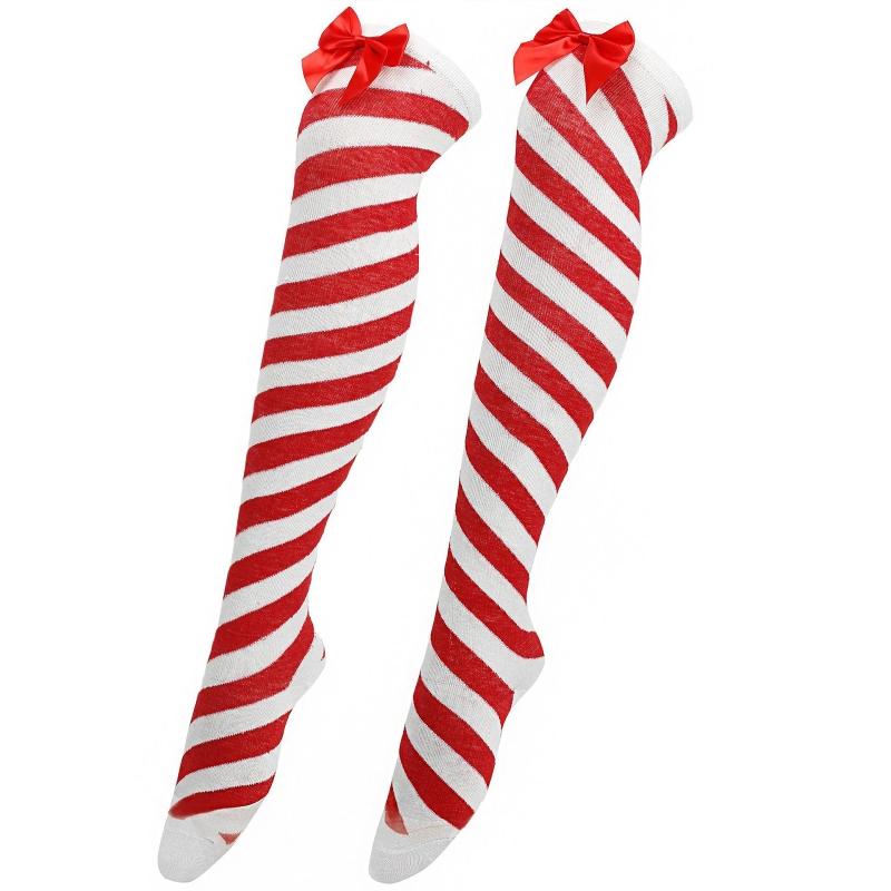Striped Stockings For Women Over The Knee Long Socks Christmas Green Red Bowknot Long Socks Female Leg Stocking