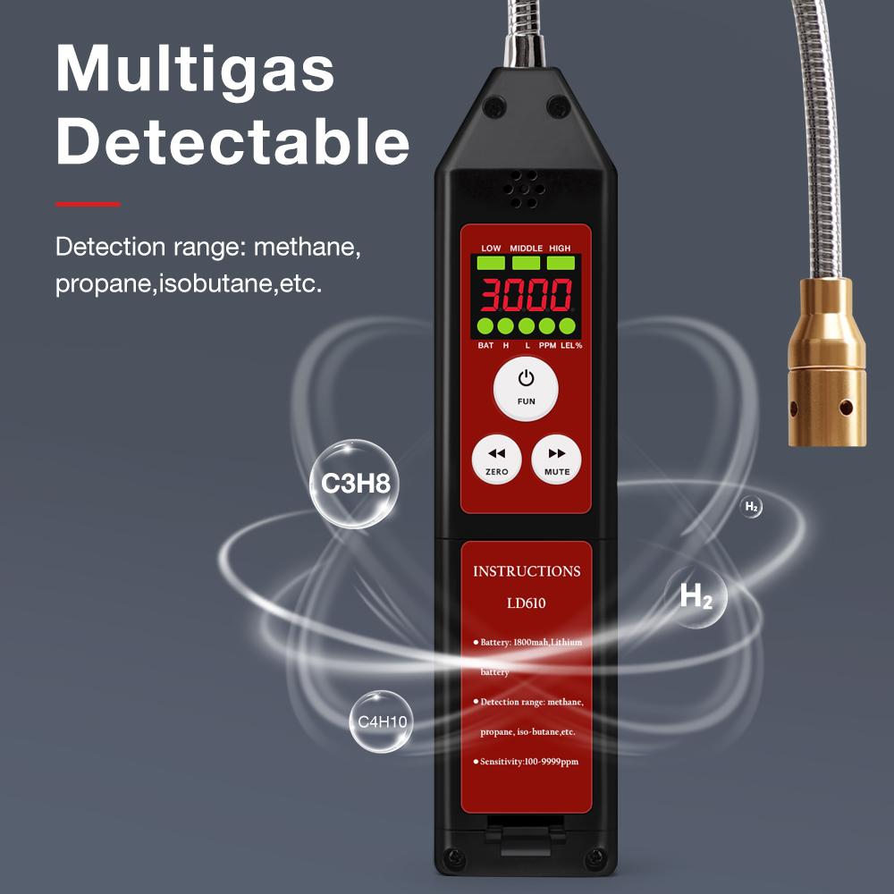 LD610 Combustible Gas Detector Portable Gas Leak Tester 360° Flexible Probe C3H8 C4H10 H2 Methane Leakage Monitor 100-9999PPM