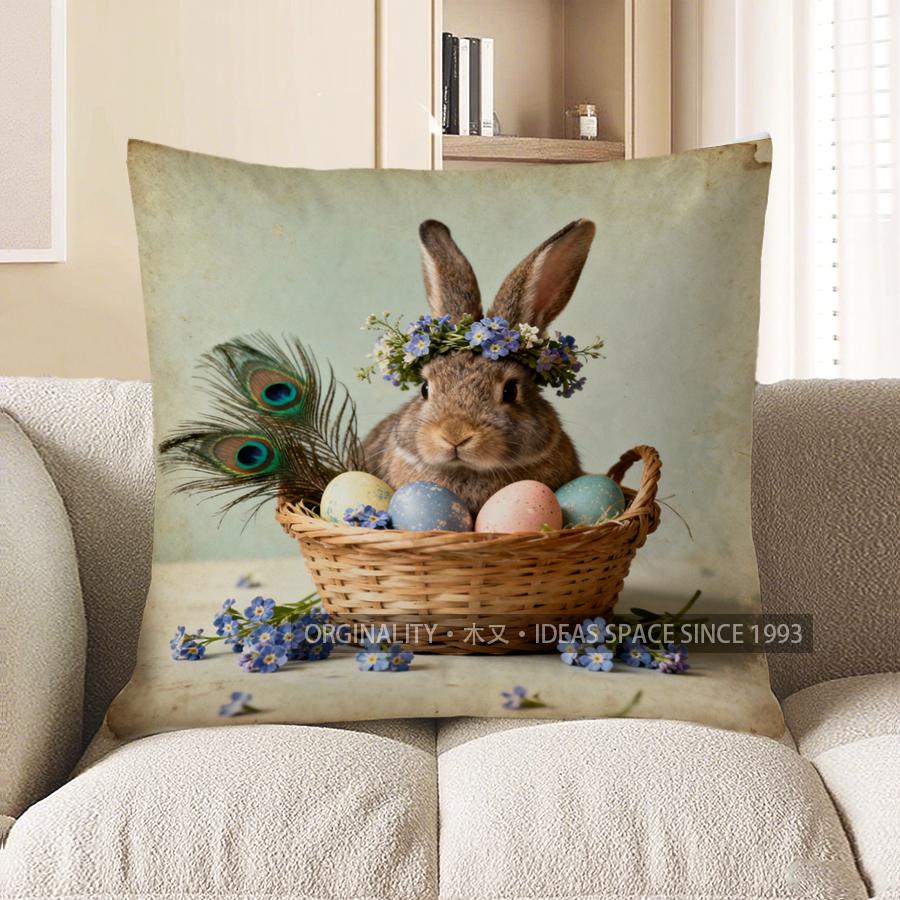 

2D Rabbit With Eggs And Peacock Feather Pillow Pattern Cushion Cover Suitable For Sofa Bedroom Car Pillow Cover 40x40cm