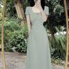 Short-sleeved New Dress Summer Design Pleated Versatile and Thin Temperament Waist Green Long Dress Women's Clothing