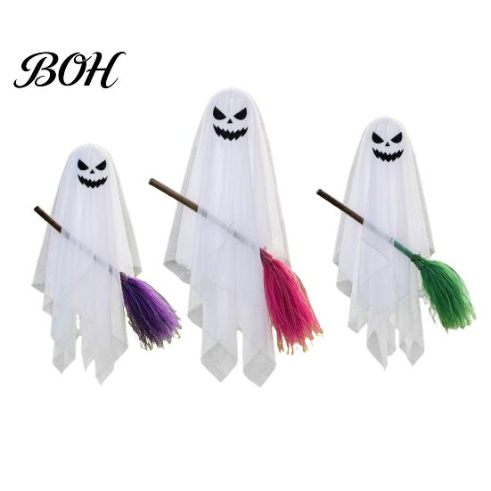 Reusable Festival Holiday Decor Halloween Lighted Hanging Ghost with Broom Decor, Flying Broomstick Ornaments Remote Multi Mode Lighting Control