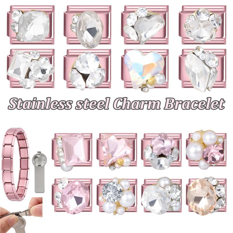 Y2K Pink Glitter Zircon Heart Flowers Rabbit Crystal Italian Charm Fit 9MM Stainless Steel Bracelet Women Men DIY Jewelry Gift