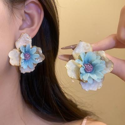 Oil Drip Colorful Flower Earrings Iron Cloth Korean Style Exaggerated Ear Pendant Personality Elegant Floral Ear Studs Daily