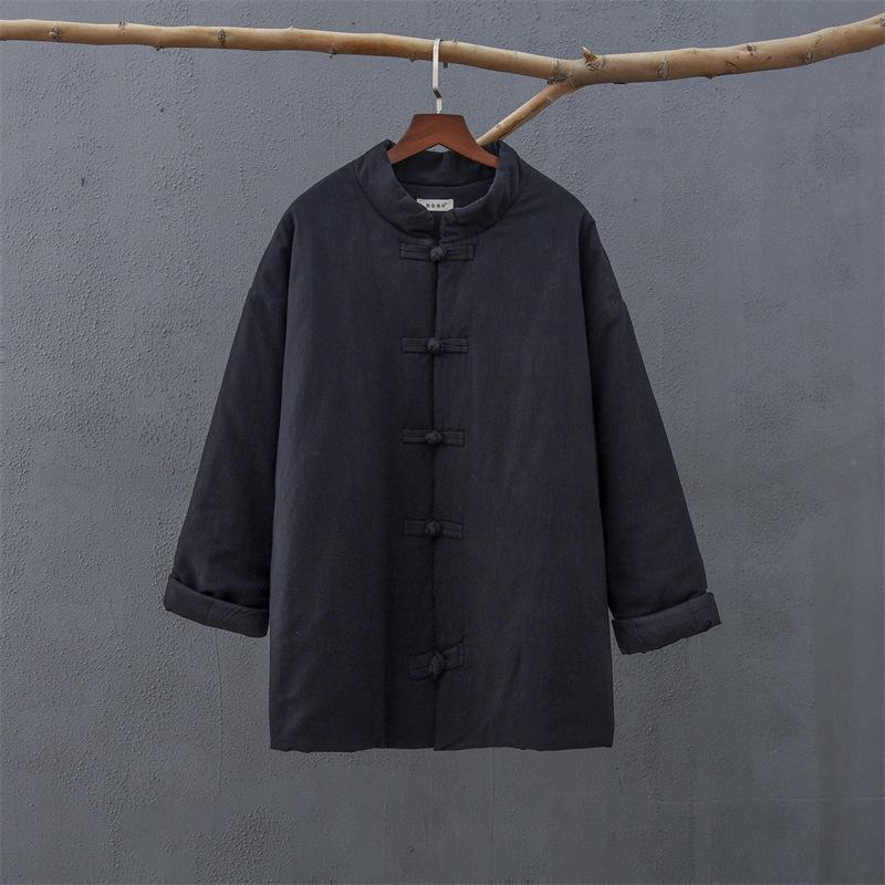 Winter Retro Chinese Cotton-Linen Women’s Coat - Solid Color, Stand Collar, Frog Button, Thickened Warm Jacket