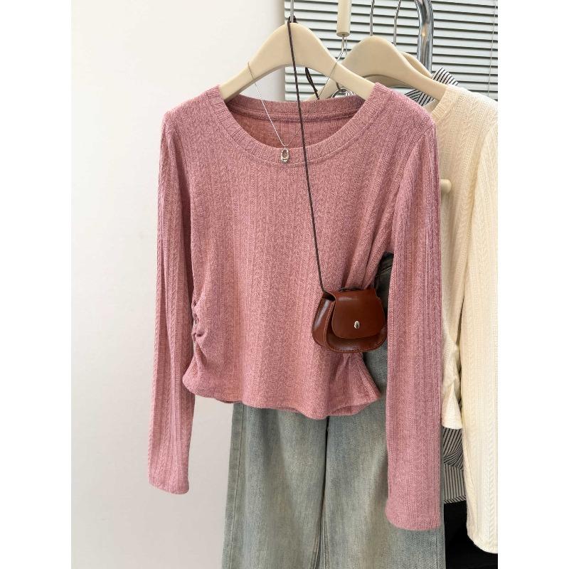 

Solid color real shot sweet and spicy pleated waist long-sleeved T-shirt women s early autumn slim-fitting bottoming shirt short top XL рожевий