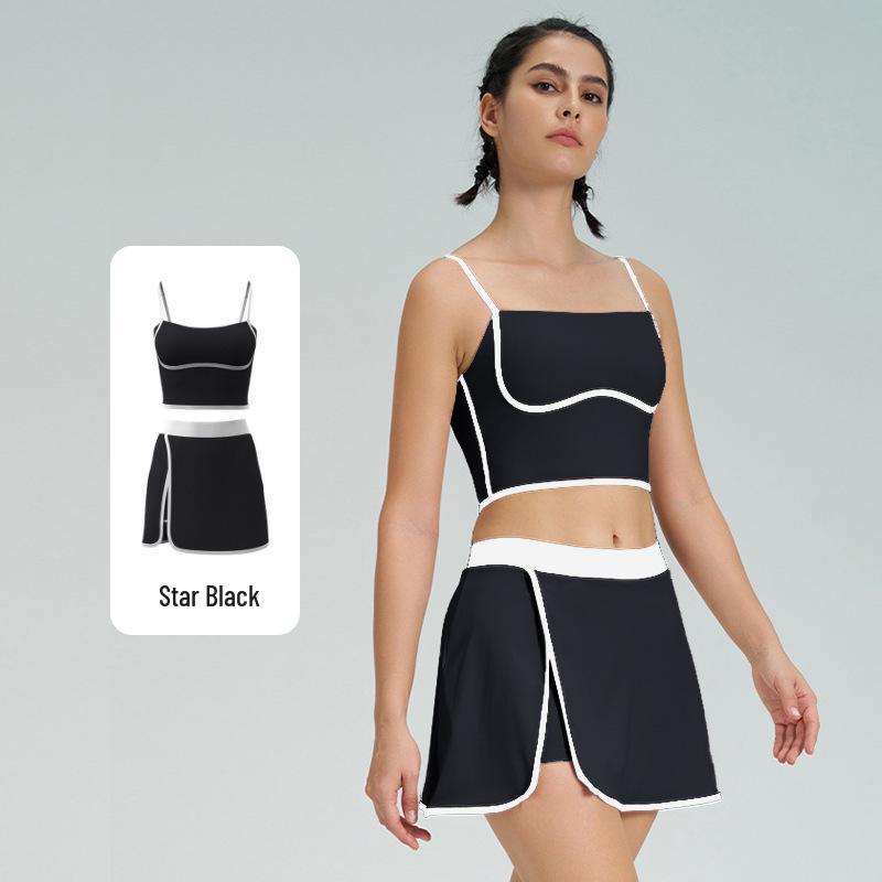 Women's Slimming Contrast Color Tennis Set, Quick-Dry Yoga Fitness Vest & Skirt with Chest Pads, Two-Piece Activewear.