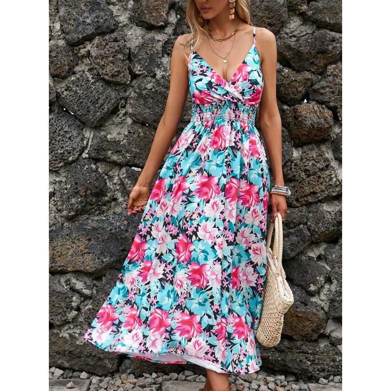 Summer Floral Printing Suspender V-neck Dress Women Elegant Loose Slim Waist Holiday A-line Party Dresses Sleeveless Fashion Casual Women's Clothing