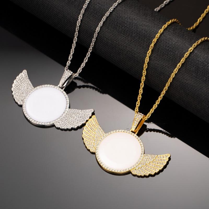 Collier Photo Aile Incrusté de Diamants Chaîne en Acier Titane, Chaîne Pull Hip-hop Cool