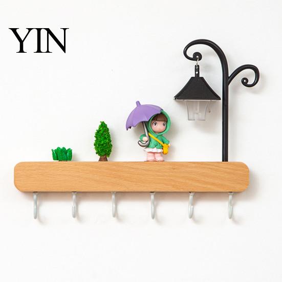 Kitchen Tool Storage Rack Key Holder with 6 Hooks, Solid Wood Entryway Organizer Rack, Wall No Drill for Mounted Space Saving Hook Keys Pet