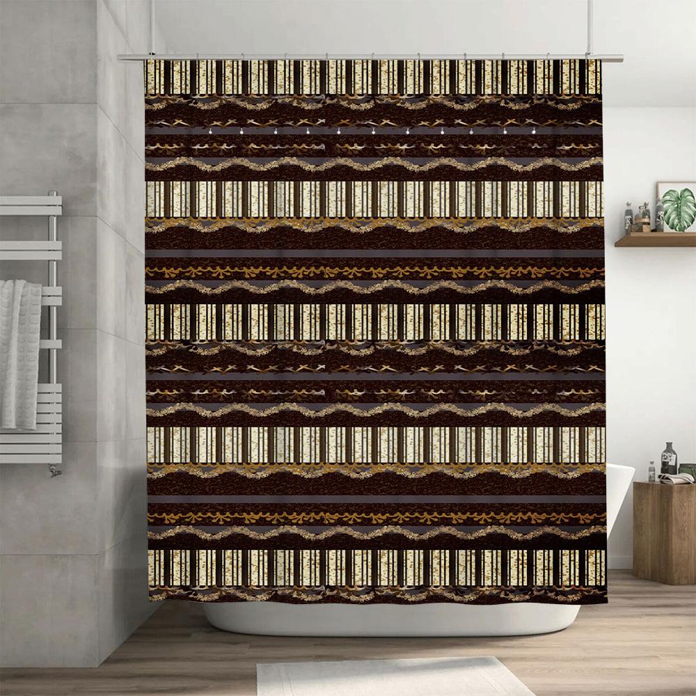 Elegant Brown Gold Shower Curtain Set For Bathroom Decor Modern Striped Waterproof Fabric With Golden Bow Tie Pattern Perfect Gi