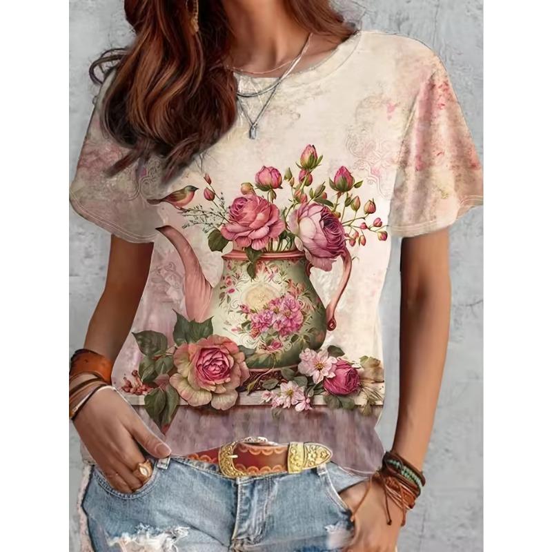 Women's Summer Round Neck Temperament T-shirt Breathable Short-sleeved Retro Floral Pattern Top Loose Casual Wear Ladies 3d T-shirt