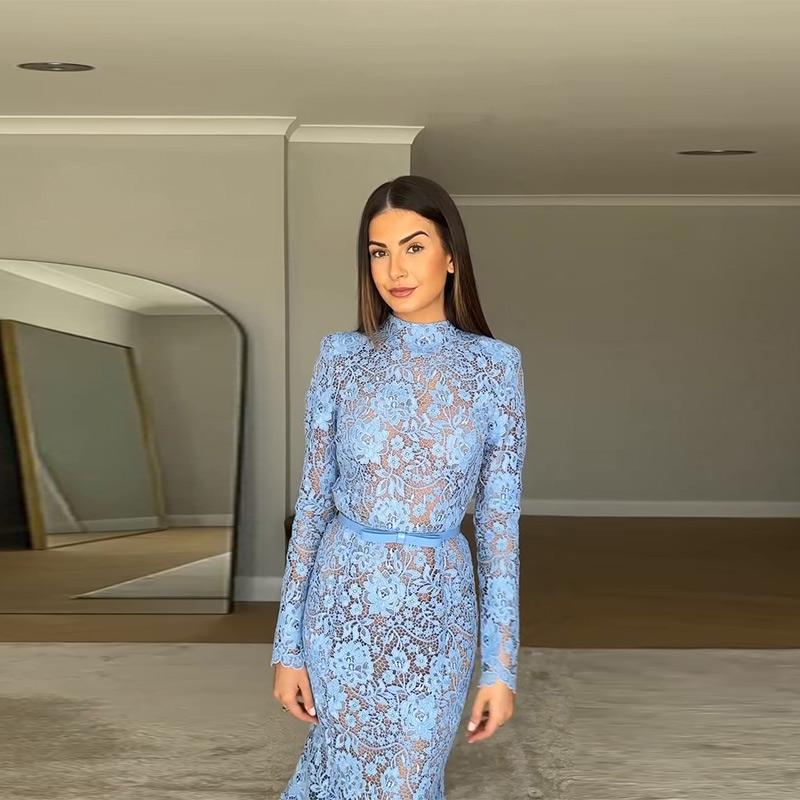 Ladies' Perspective Lace Hollow Belt Long Sleeve Fishtail Dress Solid Color Lace Decorative Elegance Ladies' Long Sleeve Dress Spring Autumn New Style