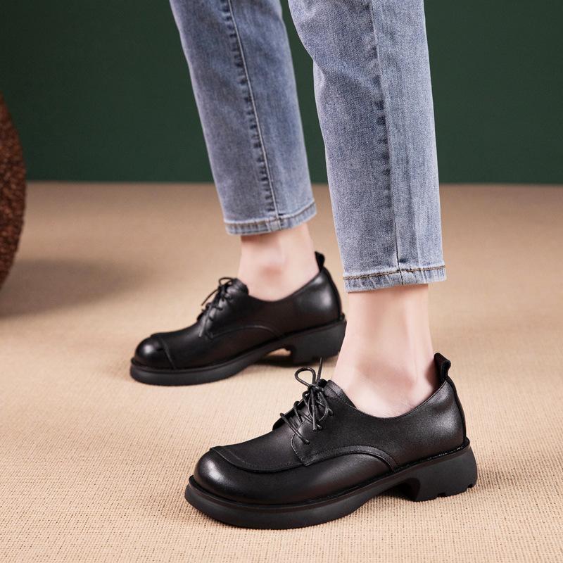 The First Layer of Cowhide Loafers for Women's Commuting Autumn New Soft-soled Leather British Style Brock Small Leather Shoes Single Shoes for Women