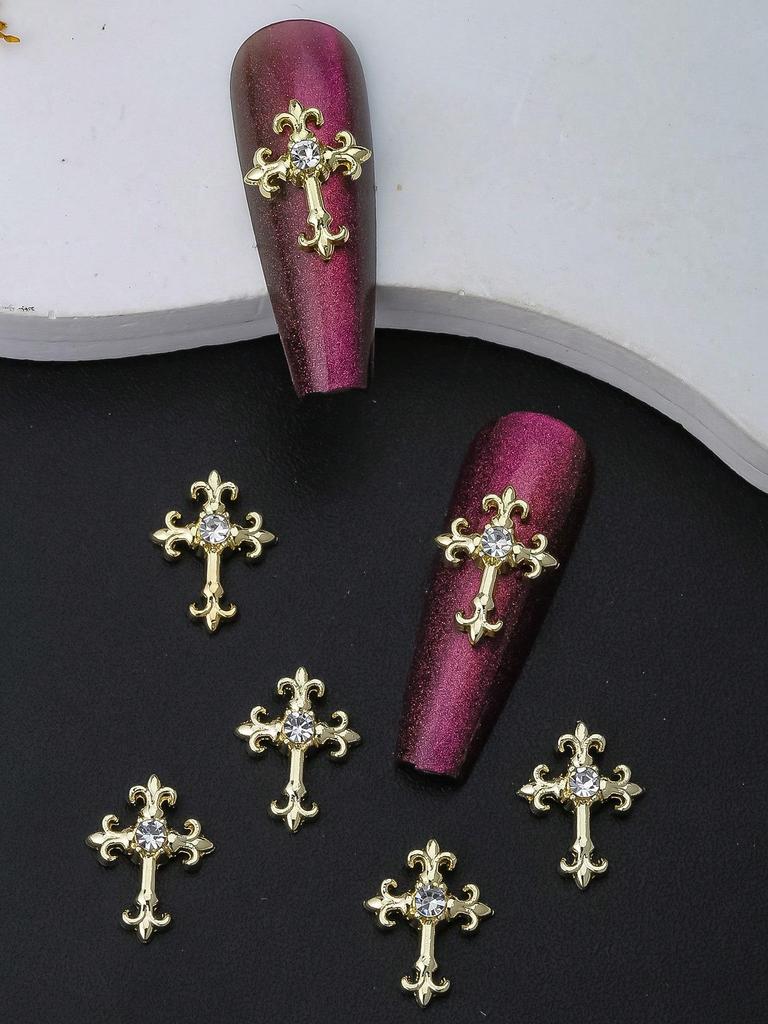 10pcs Gold SilverCross Nail Charms 3D White Pink Rhinestones Nail Art Decorations DIY Nail Gems Nail Supplies