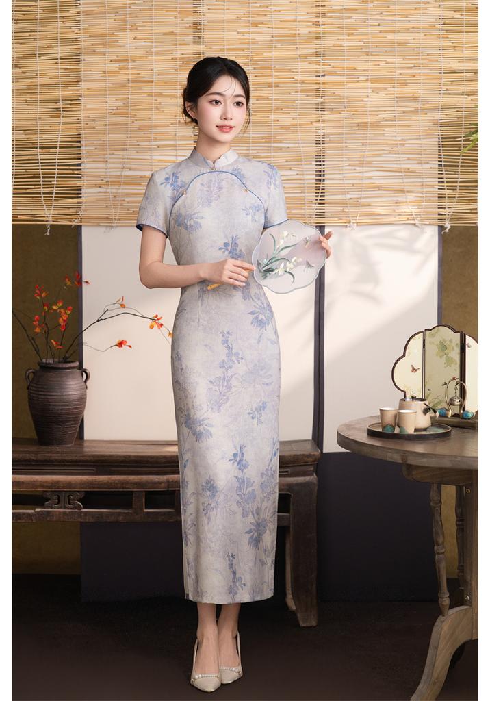 New Chinese-style Young Long Tencel Hemp Short-sleeved Cheongsam 1011 Summer New Slim and Thin New National Style Dress