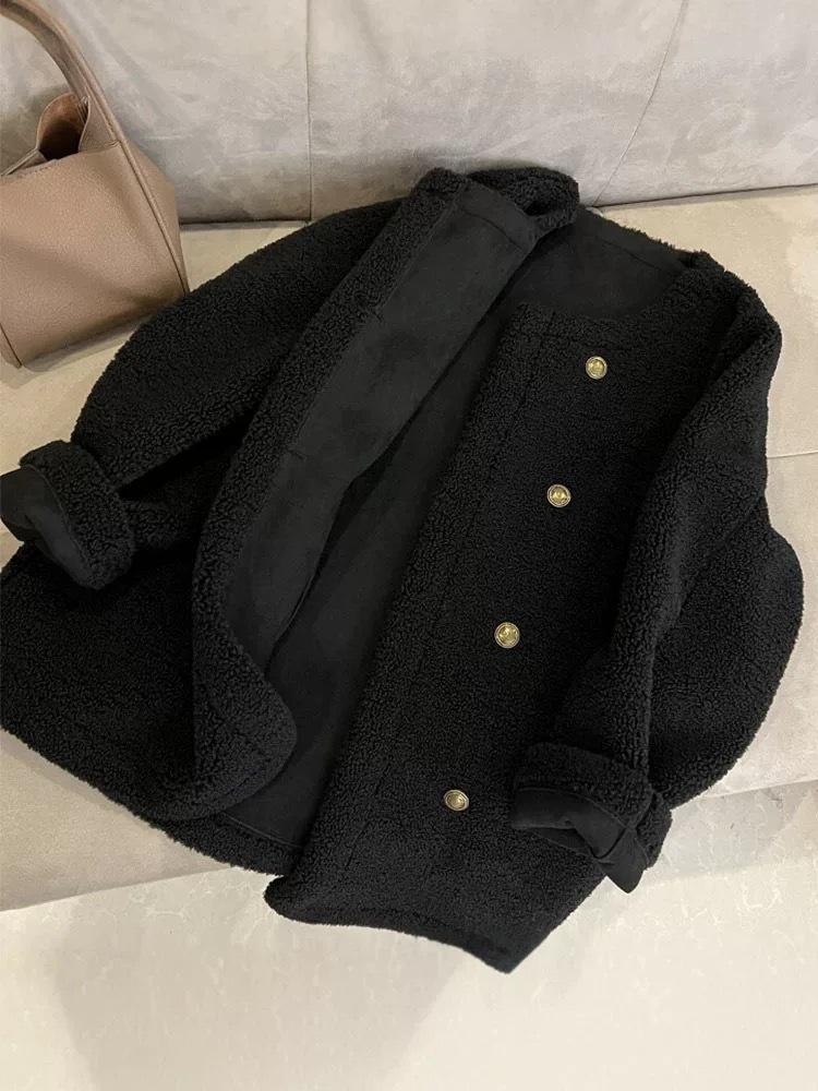 Korean-Style Women's Lambswool Fur Coat - Thick Double-Breasted Round Neck for Autumn/Winter 2025