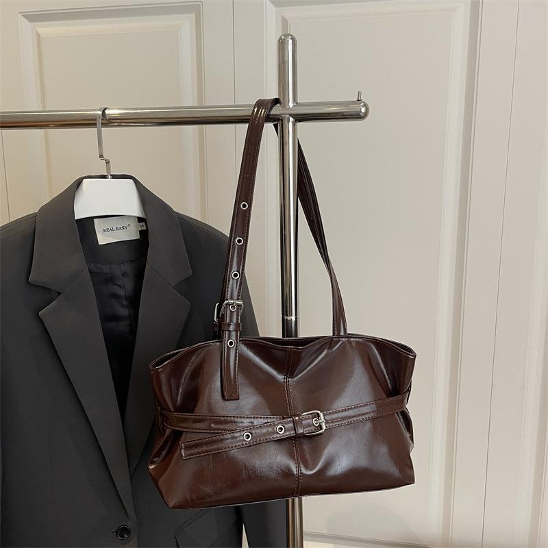 Retro Buckle Trimmed Tote Bag, Shiny Faux Leather Large Capacity Shoulder Purse with Adjustable Strap for Work Versatile Handbag