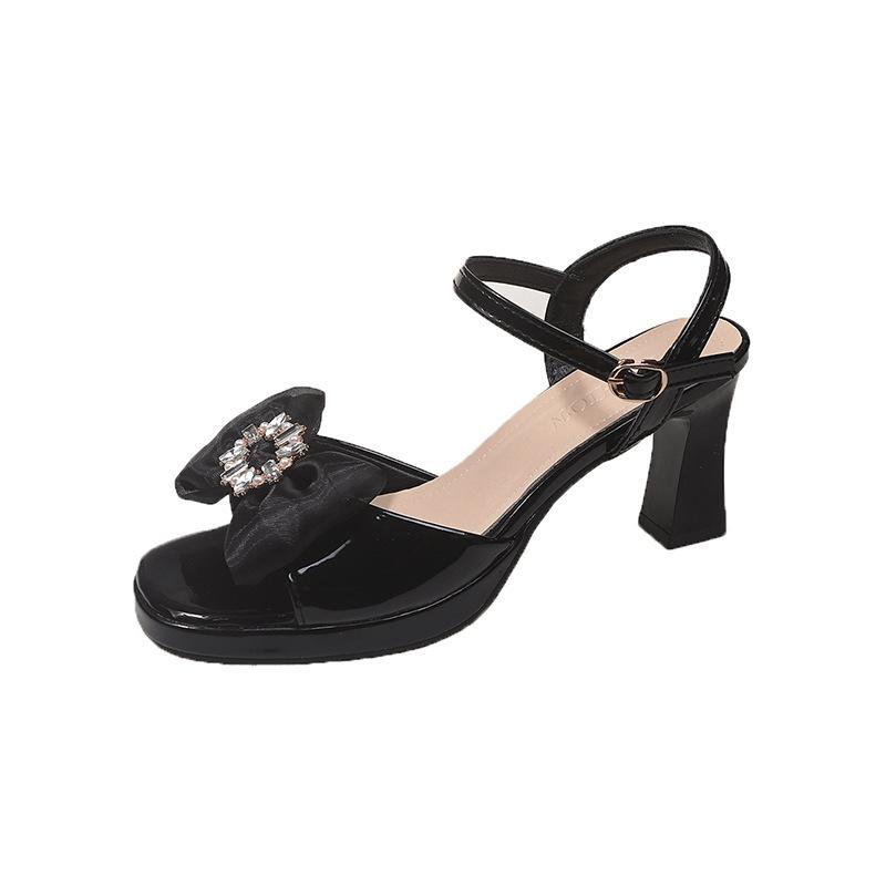 Fashion Hot Selling 2025 Summer New Block Heel Versatile One Buckle Strap Open Toe High Heels Bow Rhinestone Square Toe Sandals Women