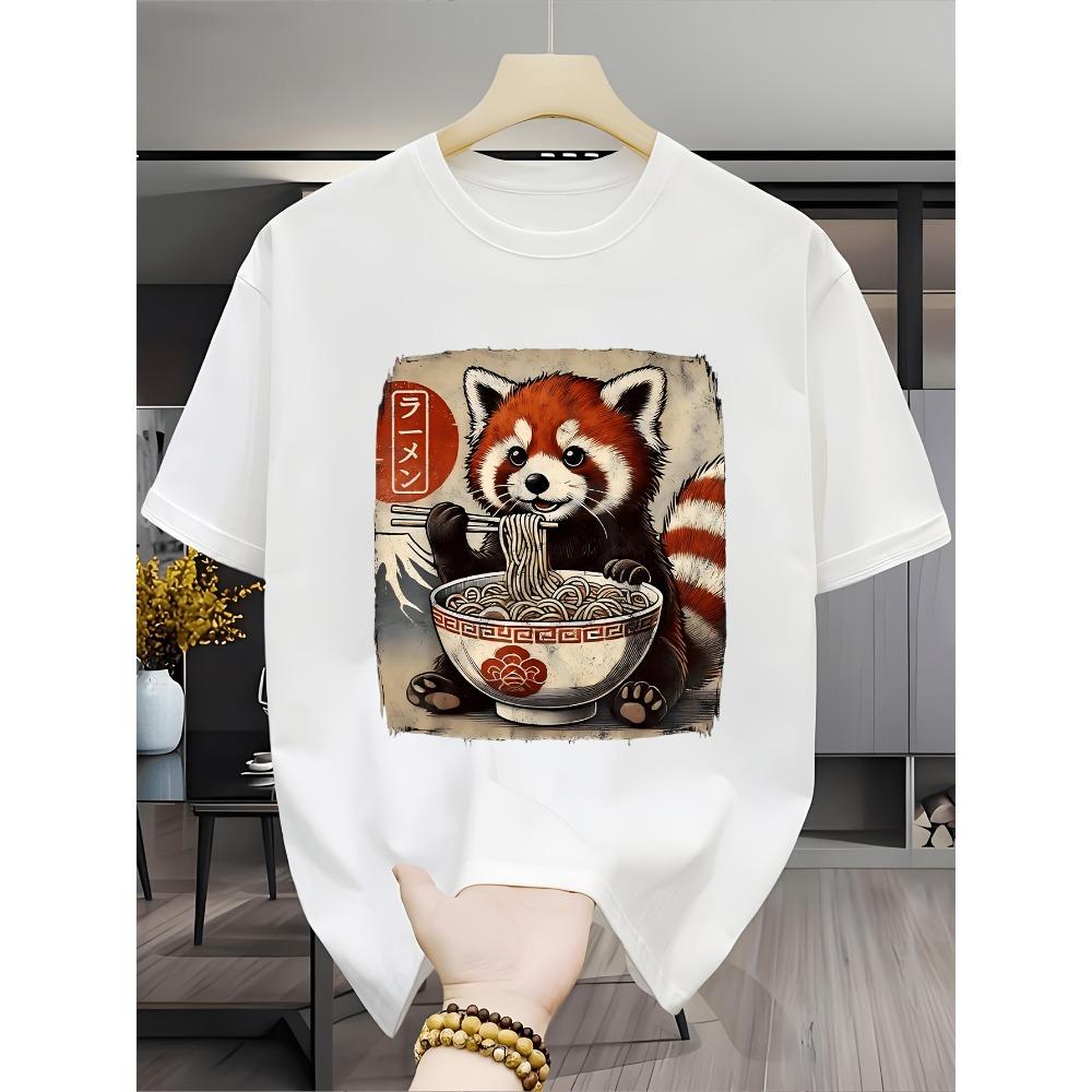 Casual Shirt for Women Cute Red Panda Eating Ramen T Shirt Kawaii Animal Graphic Tee Japanese Food Print Funny