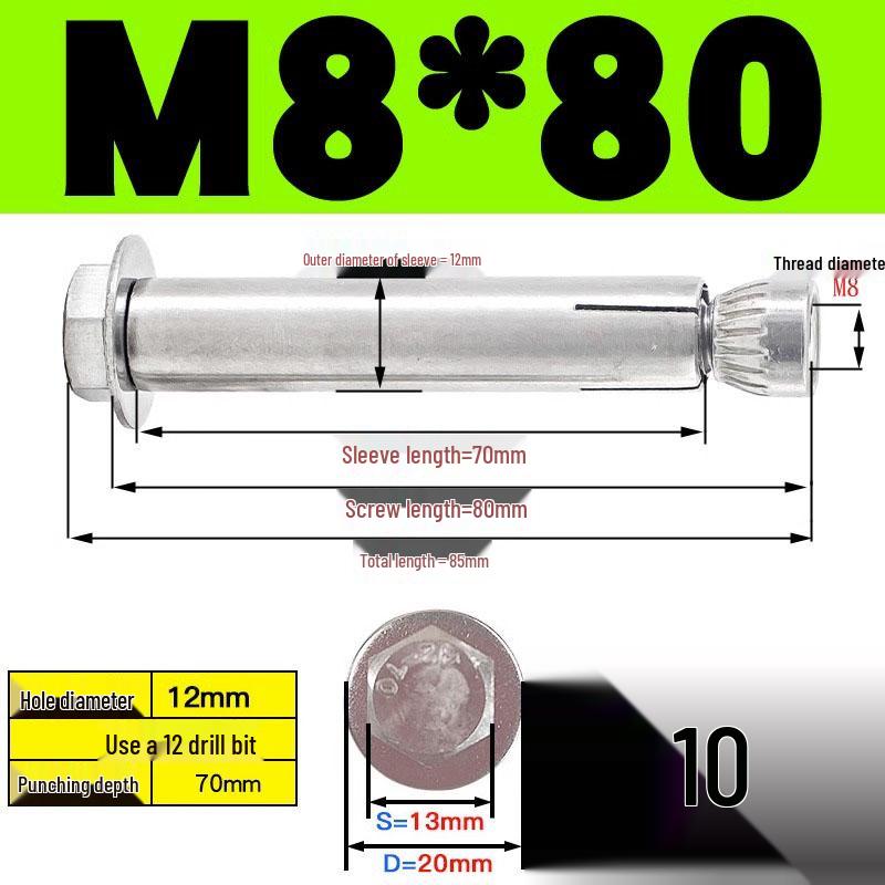 Stainless Steel Expansion Screw: Hexagonal Head with Internal Expansion (304/201), Sizes M6, M8, M10, M12.