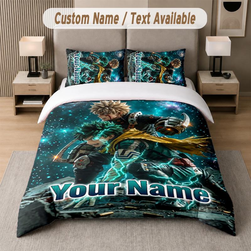 My Hero Academia 3Pcs Bedding Set, Personalized Custom Name Text, 1 Duvet Cover & 2 Pillowcases For Bedroom