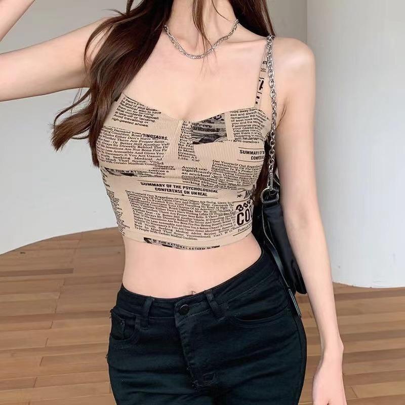 

Женский бюстгальтер Push Up Camisole с подкладками, сексуальный топ с подтяжками, модные напечатанные газеты, женские мягкие топы без рукавов one size хаки