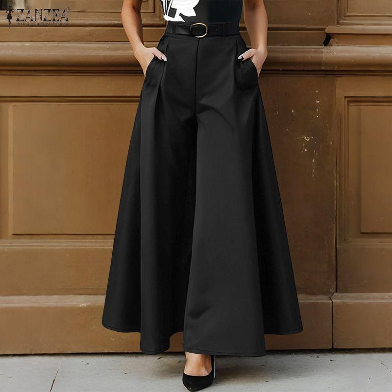 ZANZEA Womens Casual Solid Color Loose Wide Leg Pants