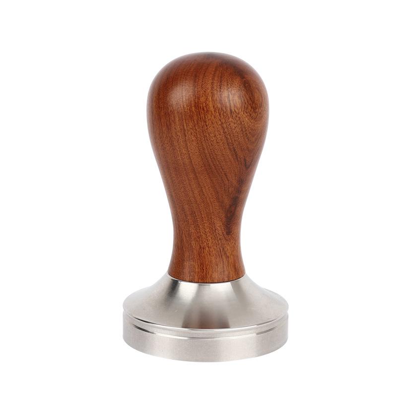 Stainless Steel Flat Bottom Coffee Tamper with Rosewood or Walnut Handle, Available in 51mm, 53mm, or 58mm Sizes.
