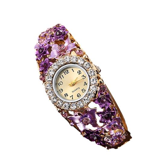 

Женские часы, блестящие стразы, цветок, декор в виде бабочки, полый цвет, соответствующий цвету, из нержавеющей стали, декоративный кварцевый механизм, наручные часы-браслет с круглым циферблатом фиолетовый